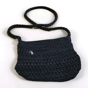 Lina Gimp Crochet Handbag Navy Blue Double Handle 5 Compartment Shoulder Bag
